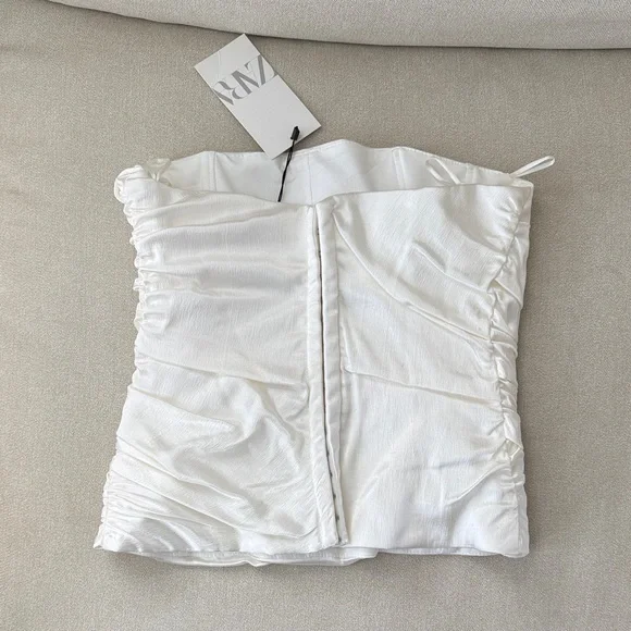 Zara Cream Strapless Ruched Satin Bustier Top - Picture 2 of 3
